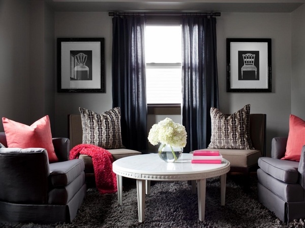 gray interiors design ideas red decorative pillows white coffee table