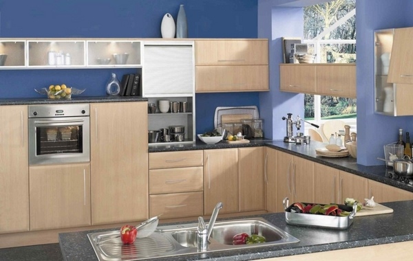 kitchen design blue wall color wood cabinets