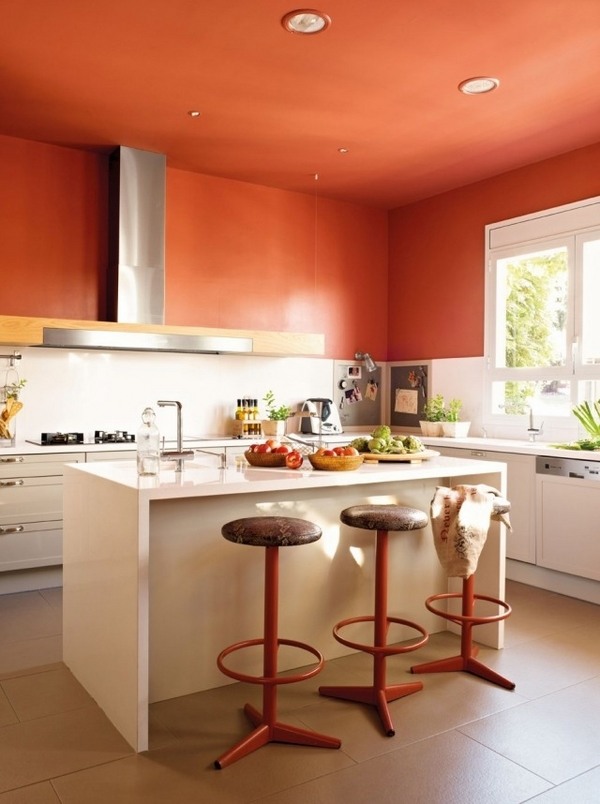 white kitchen cabinets orange walls ceiling