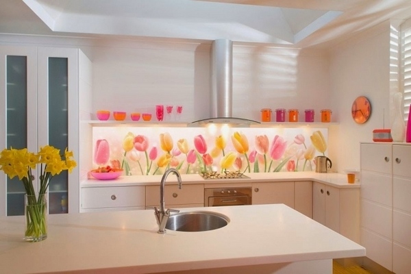 kitchen wall decoration glass backsplash tulips white cabinets