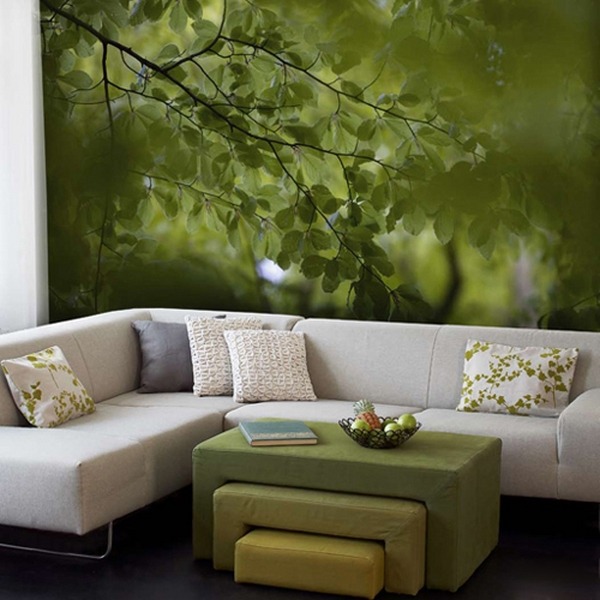 photo wallpaper forest theme beige sofa