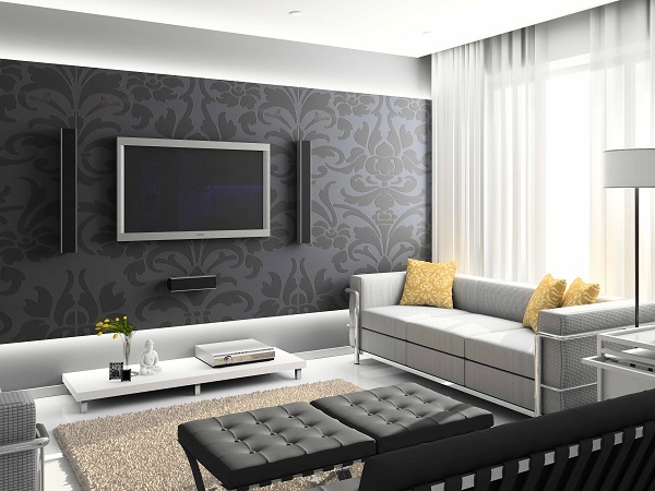 living room wallpaper ideas trendy gray wallpaper black white leather sofas