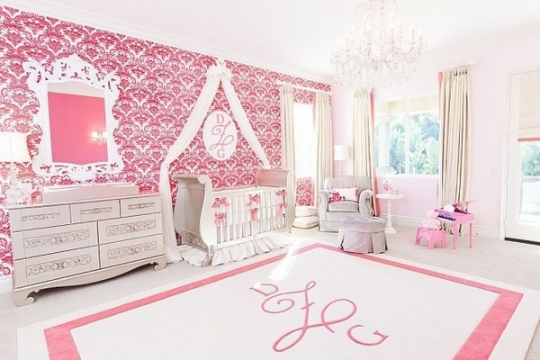 girl pink white luxury baby cot baroque wallpaper pattern