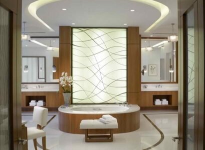 luxury-master-bathroom-decorating-ideas-white-floor-tiles-wooden-vanities-hidden-lighting