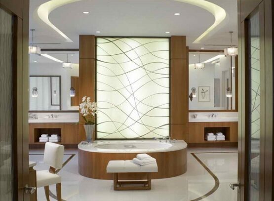 luxury-master-bathroom-decorating-ideas-white-floor-tiles-wooden-vanities-hidden-lighting