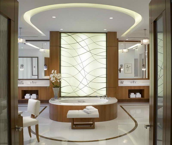 luxury master bathroom decorating ideas white floor tiles wooden vanities hidden lighting