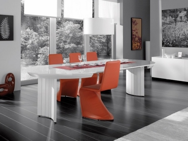 minimalist dining design modern white dining table orange chairs