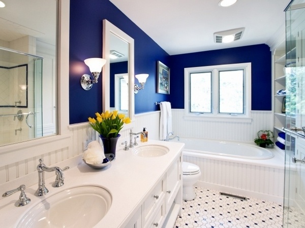 modern bathroom panels deep blue wall color