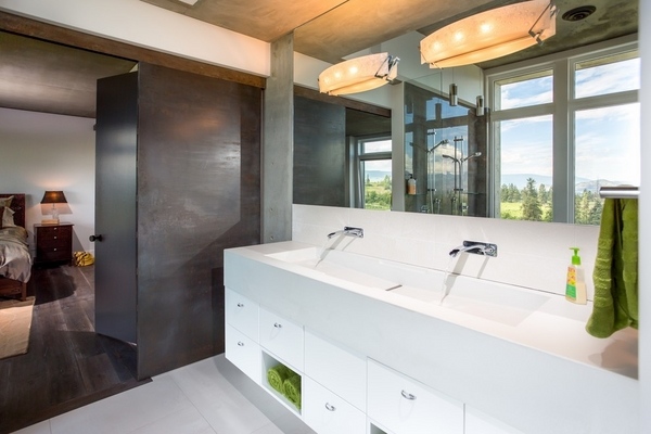 modern bathroom design white vanity large mirror modern lighting