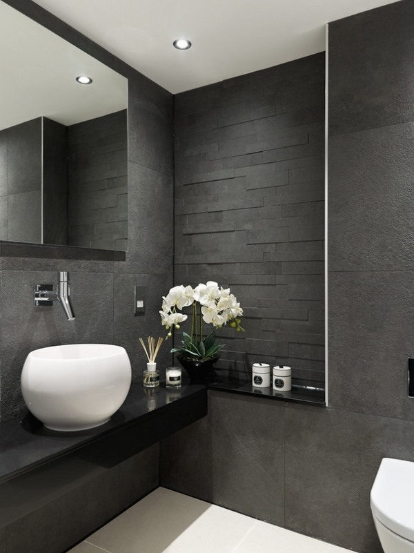 modern bathroom designs gray tiles black vanity white sink