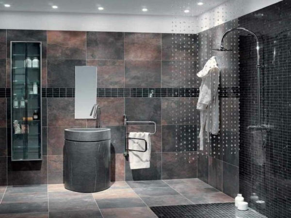 modern gray bathroom design brown accents gray column sink