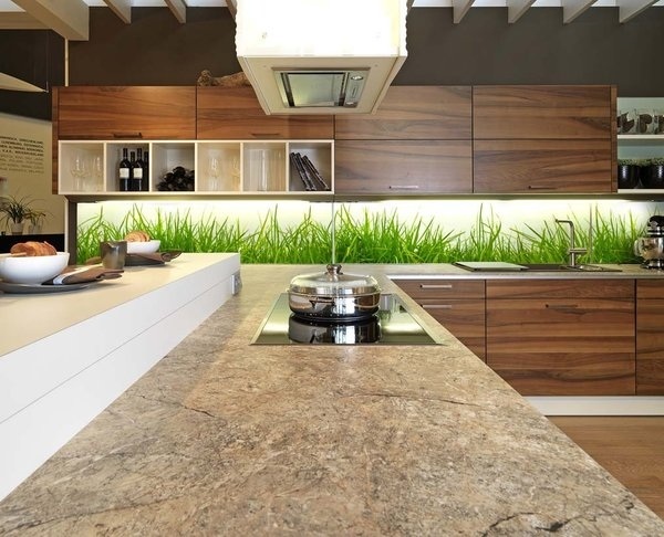 modern wood cabiets backsplash ideas green grass motif