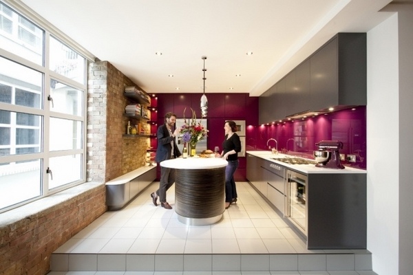 wine red glass gray cabinets 