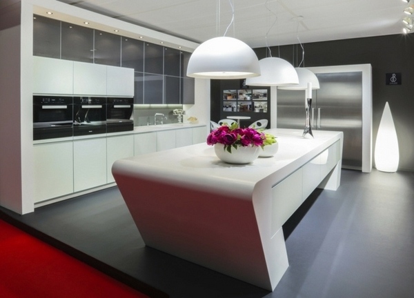 modern kitchen design glossy surface white table white cabinets