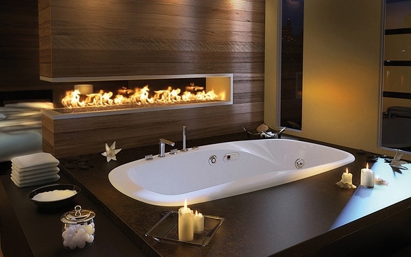 small bathroom with fireplace