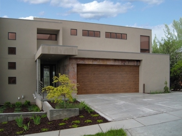 modern walnut wood garage door house exterior design ideas