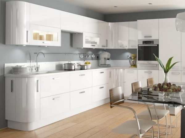 modern white kitchen ideas glossy surface gray kitchen wall color glass table