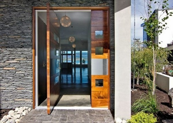 modern wooden front door natural stone facade house entrance 