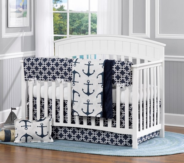 nursery room ideas white wood crib sailor theme bedding