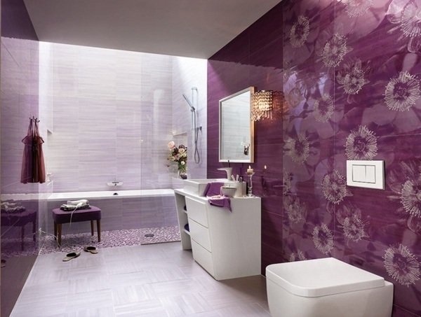 purple bathroom tiles large format elegant design floral motifs