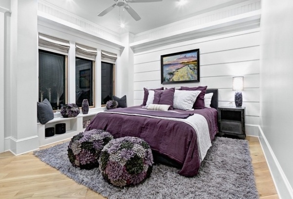 purple bedroom interior shaggy rug gray stools