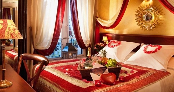 romantic bedroom interior design poster bed red color accents