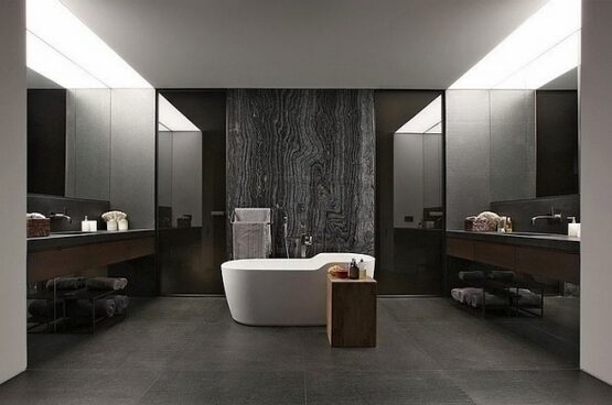 stunning-gray-bathroom-designs-white-freestanding-tub