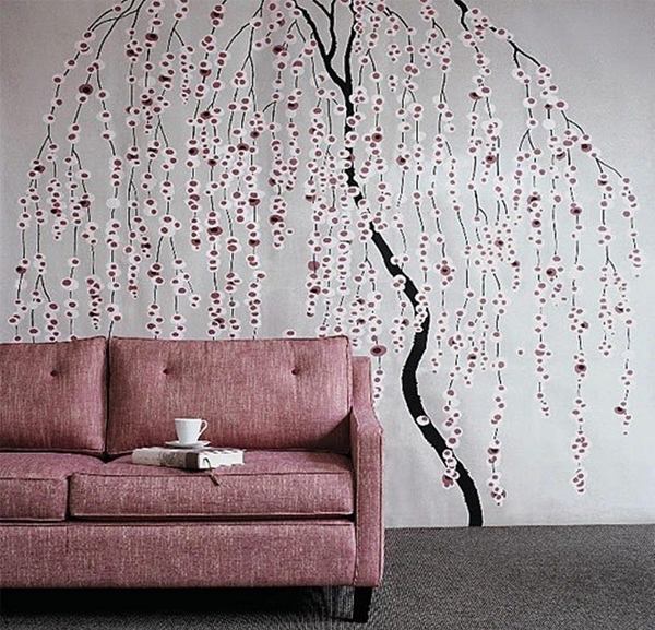 stylish wallpaper ideas blossoming tree motif colored sofa