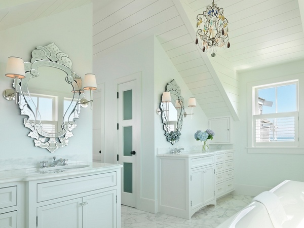 stylish white bathroom white vanity units wall mirrors crystal chandelier