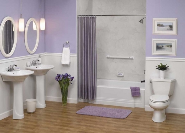 wainscoting bathroom white purple colors pedestal sinks