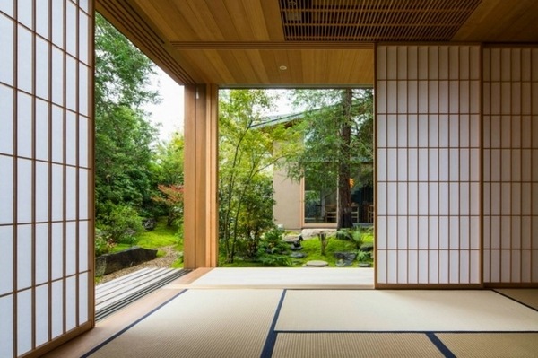 Asian style house home entry shoji door patio view