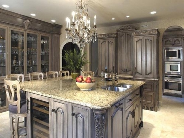 Kitchen Cabinets With Antiquing Glaze In Classic Kitchen Designs   Kitchen Cabinets With Antiquing Glaze Luxury Kitchens Kitchen Island With Seating Crystal Chandelier 