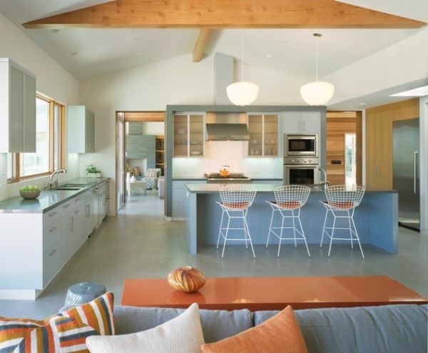 Open-floor plan-kitchen-design-Mid-century-modern-style-white blue orange colors