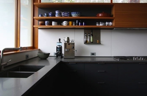 Soapstone countertop black cabinets open shelves