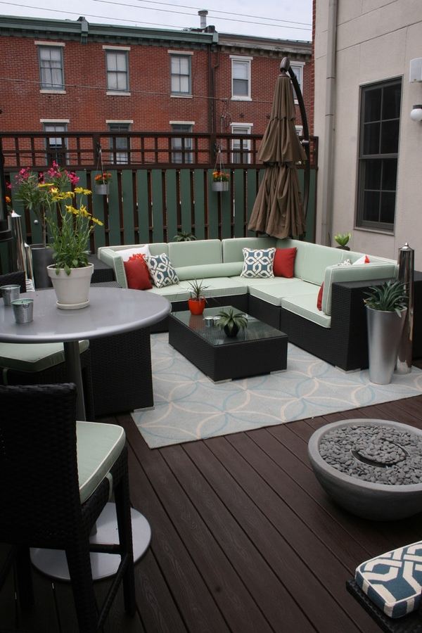WPC decking elegant deck corner sofa firepit parasol