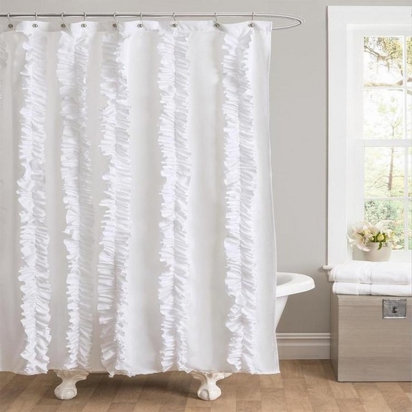 bathroom decoration ideas white ruffles curtain freestanding claw foot tub