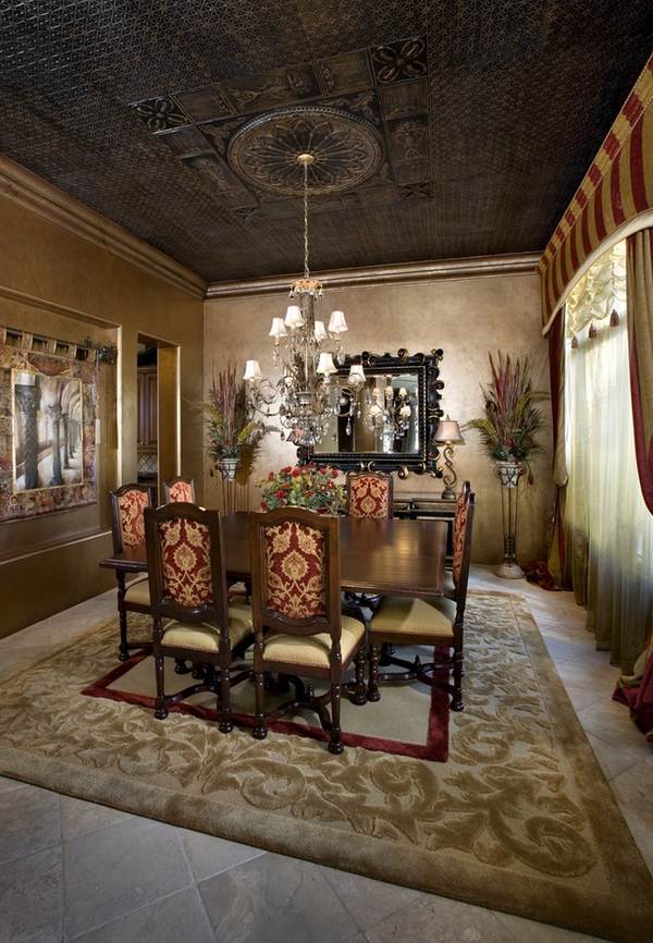classic dining room interior faux tin large mirror ceiling