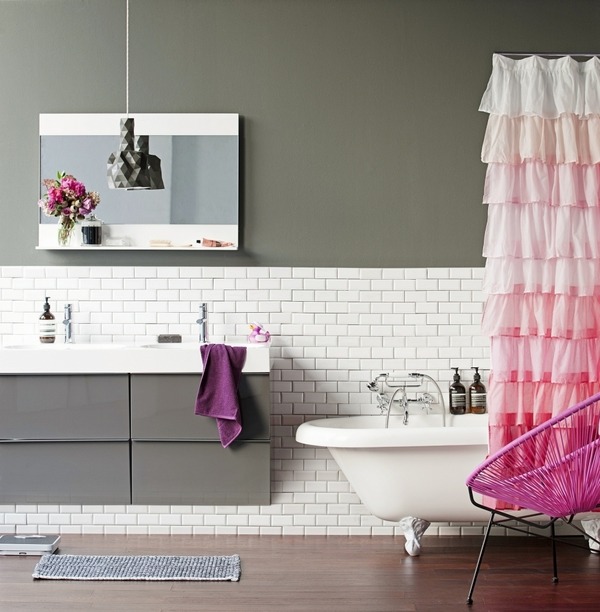 contemporary bathroom design white pink ruffle shower curtain subway wall tiles 