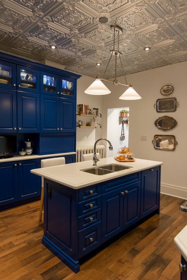 contemporary kitchen design faux tin ceiling tiles blue cabinets hardwood floor