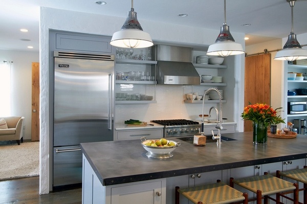 contemporary kitchen design open shelves kitchen island zinc countertop 