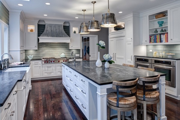 contemporary kitchen design soapstone countertops white cabinets hardwood floor