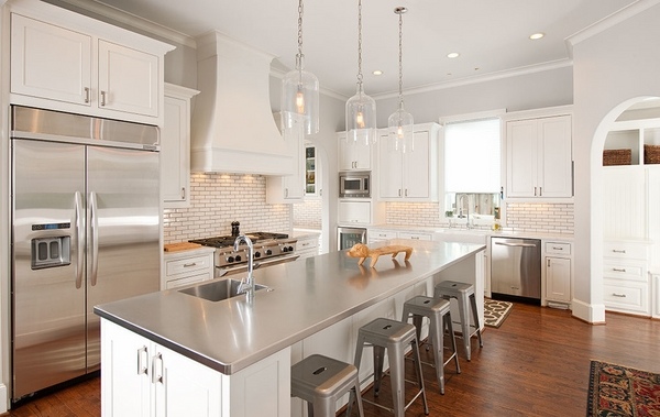 contemporary kitchen ideas white cabinets zinc countertop modern pendant lamps