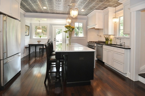 contemporary kitchen white cabinets black kitchen island decorative ceiling tin tiles