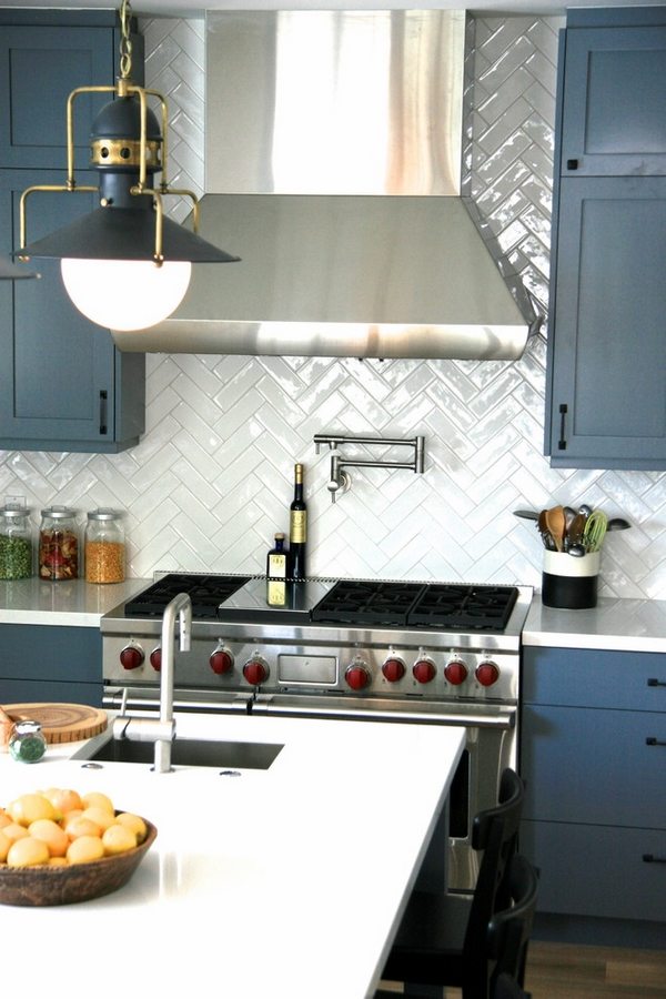 contemporary-kitchens-blue-cabinets-herringbone-backsplash-stainless-steel-hood-stove