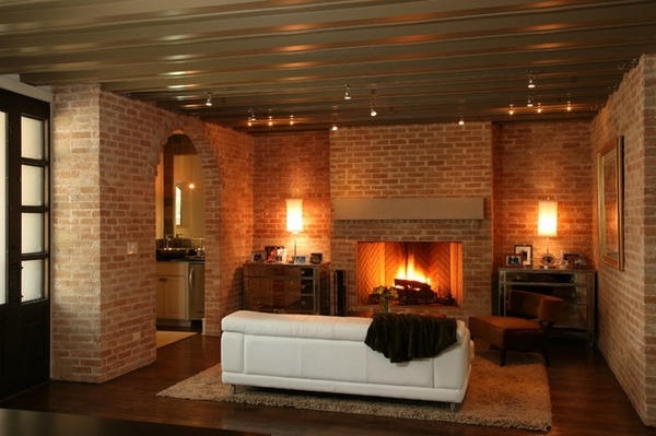 contemporary living room spectacular brick fireplace