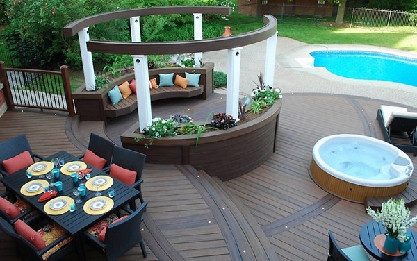 patio ideas swimming pool hot tub pergola outdoor dining furniture