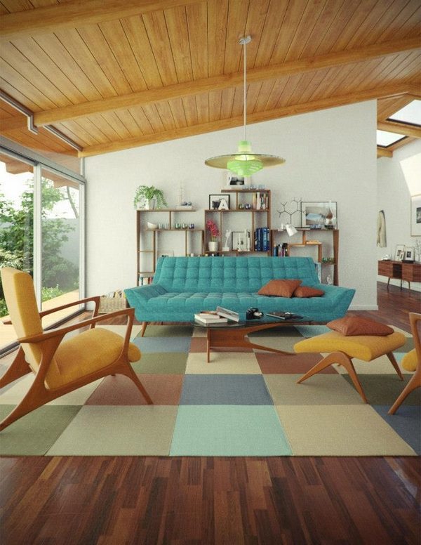 gorgeous-Mid-century-modern-style-living room geometric pattern rug blue sofa armchairs