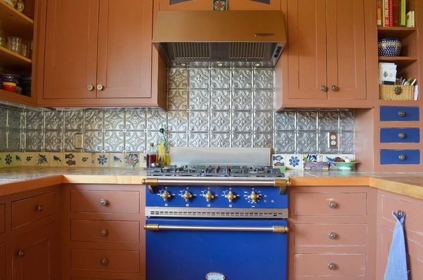 kitchen decoration tin tile backsplash DIY ideas wood cabinets