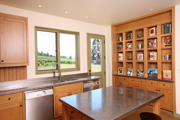 kitchen renovation zinc countertops wood cabinets open shelves