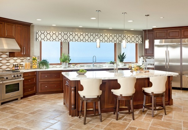 modern kitchen large window-simple-valance-geometric-pattern